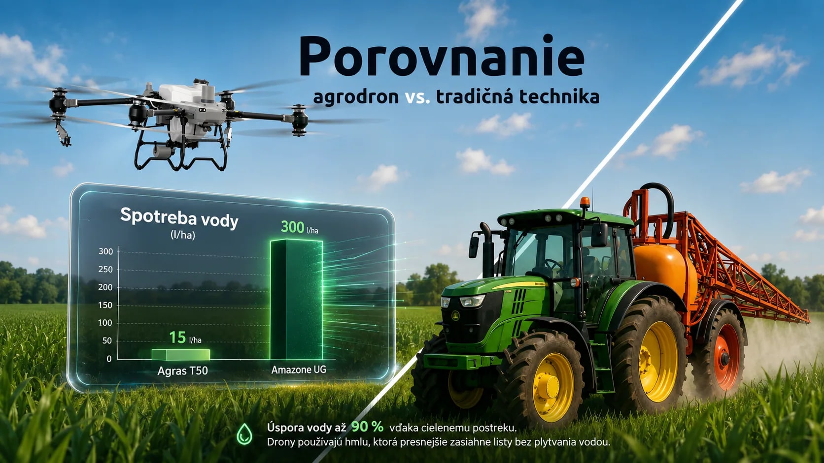 Porovnanie agrodrónu a traktora s postrekovačom, doplnené grafom spotreby vody
