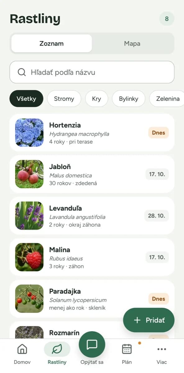 Zoznam rastlín a hlavná navigácia Flori.