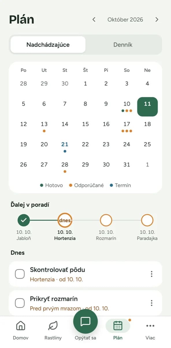 Kalendár starostlivosti vo webovej aplikácii Flori.