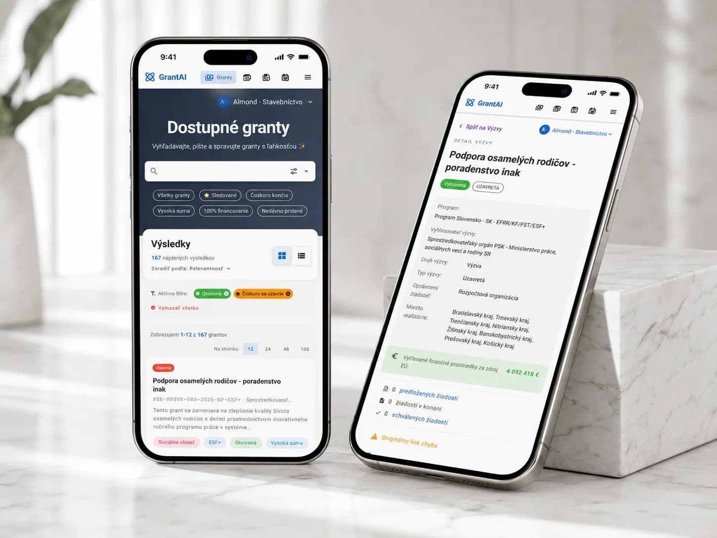 Mobilný dashboard a detail grantovej výzvy v GrantAI