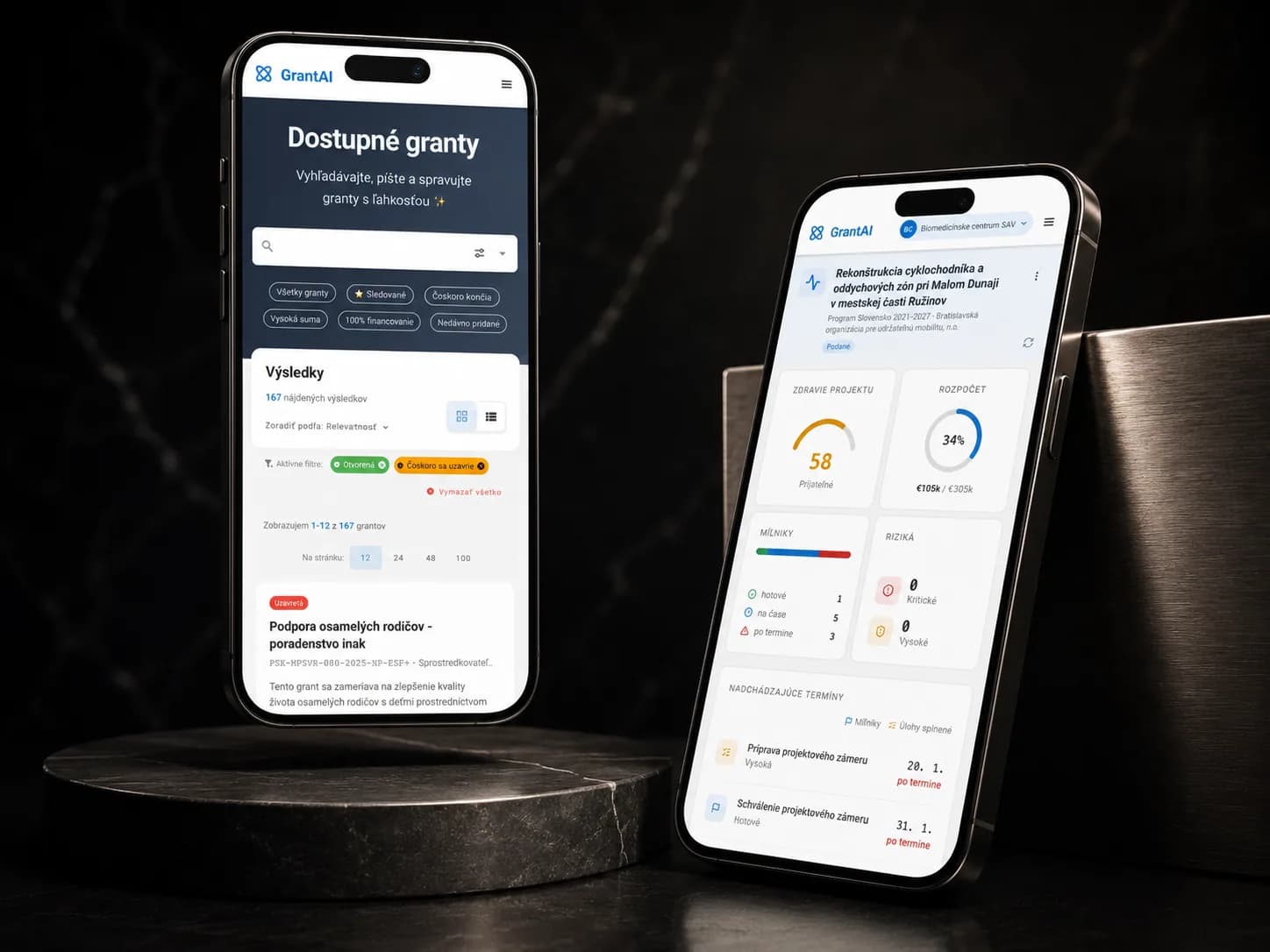 GrantAI prehľad výziev a zdravie schváleného projektu na mobiloch