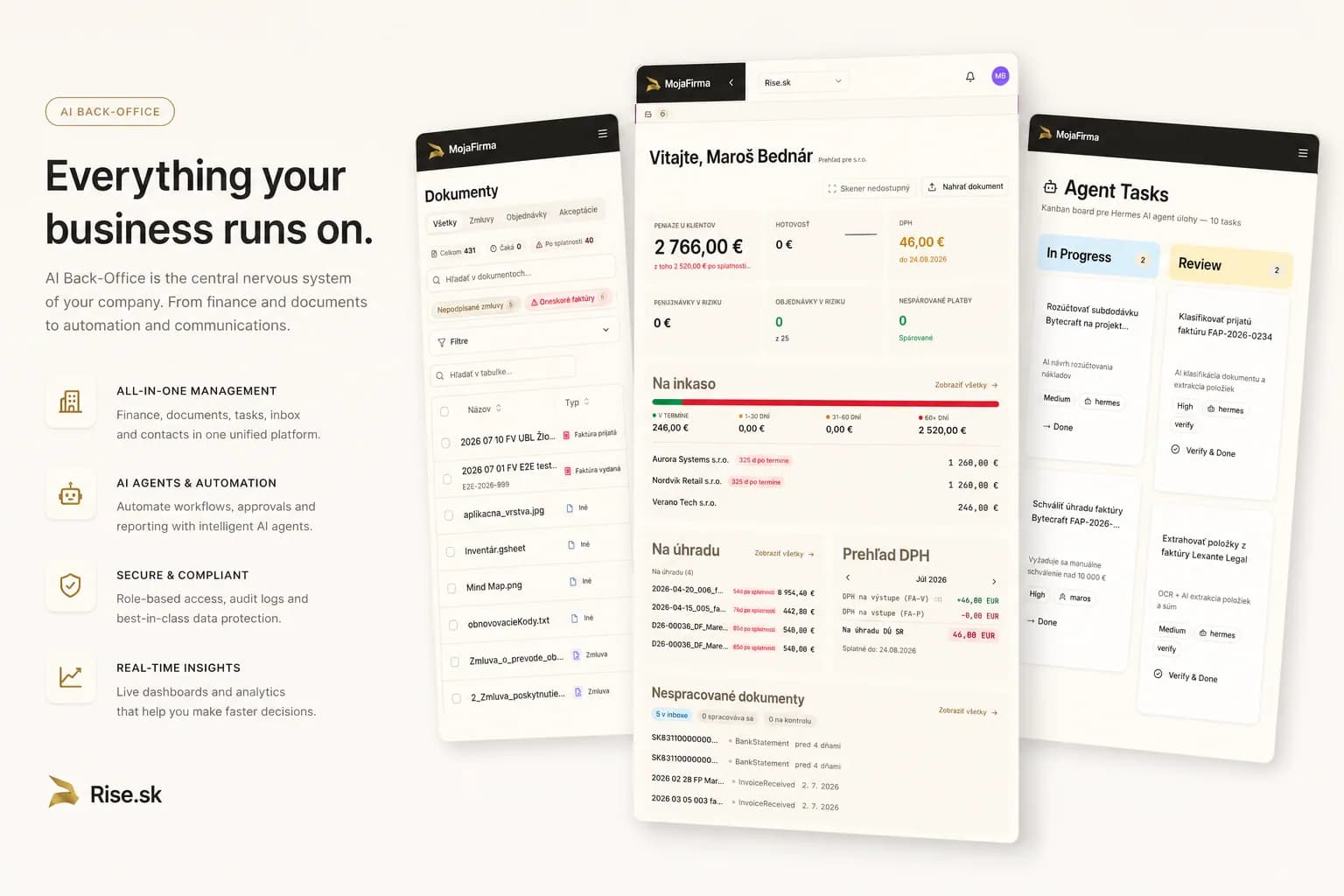 Produktový prehľad dokumentov a dashboardu s agentovými úlohami