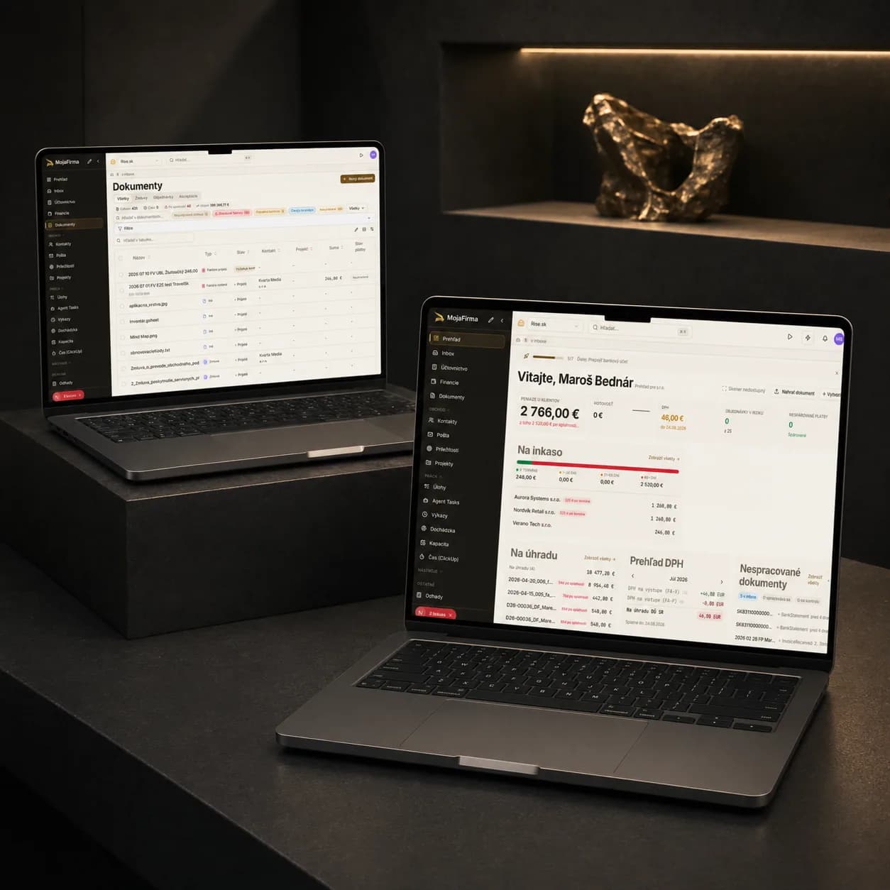 Dashboard a dokumenty MojaFirma v čiernom štúdiu