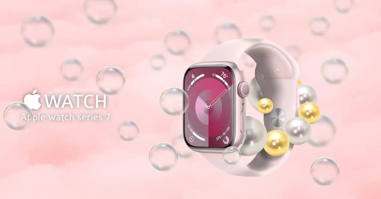 Horizontálny banner s hodinkami Apple Watch na ružovom pozadí s bublinami
