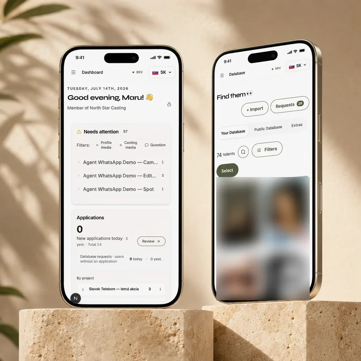 Dashboard a databáza talentov Slates na dvoch telefónoch