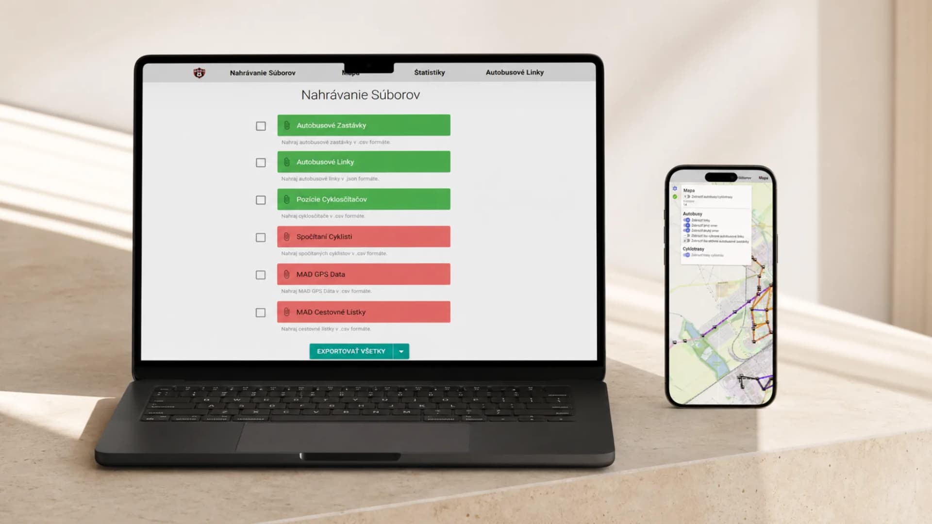 Import dopravných dát a mapový kontext zobrazené na MacBooku a iPhone