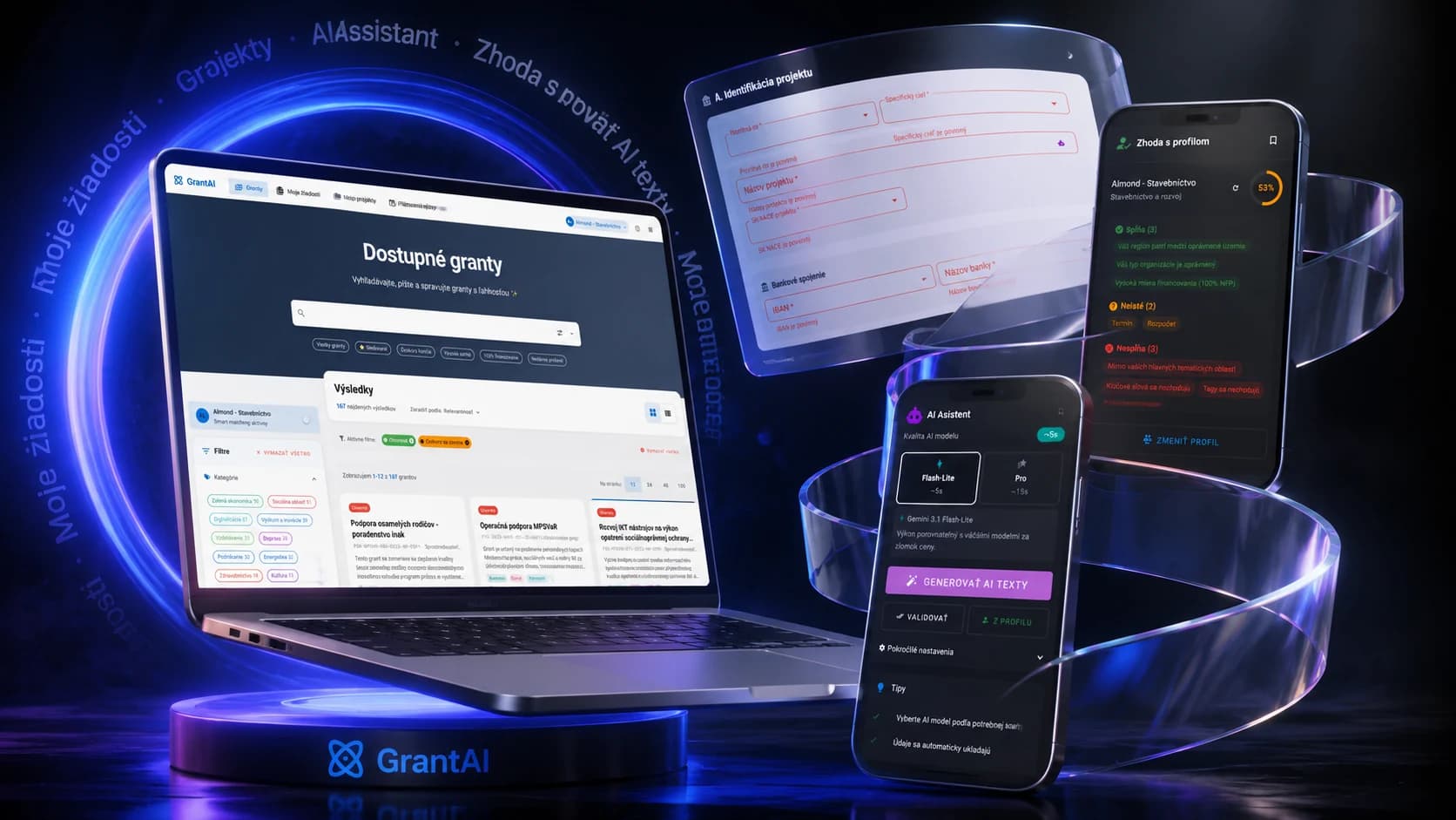 GrantAI platforma zobrazená na notebooku a telefónoch